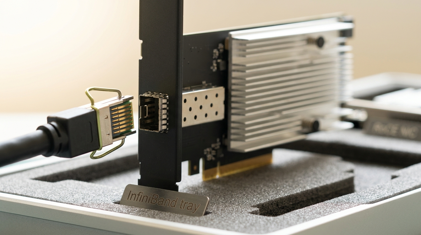 An InfiniBand host channel adapter in its labelled tray with a QSFP cable connector caught tilted just short of its port, the wire bale latch still open
