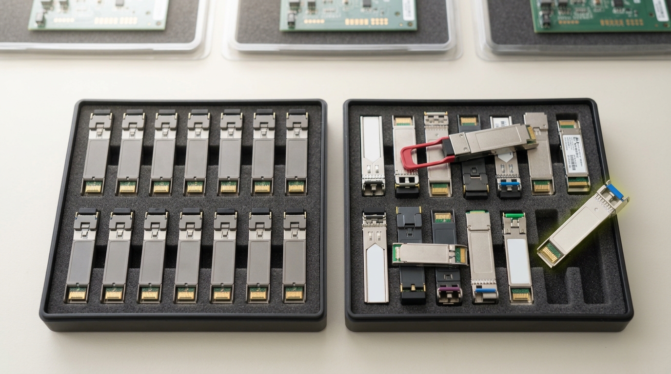A small parts tray of assorted pluggable optical transceivers from different makers beside a uniform row of identical transceivers, one mismatched module caught tilted mid-placement into a foam cutout