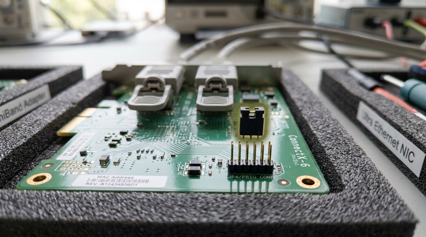 A RoCE-capable Ethernet NIC in its tray with a small configuration jumper caught mid-move between two pin positions on its priority header
