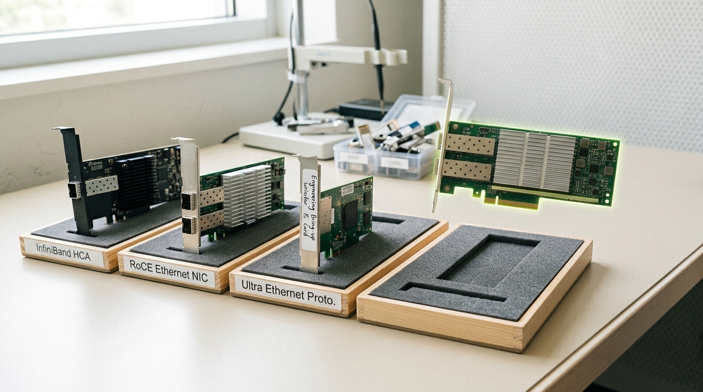 Three network interface cards resting in separate labelled, foam-lined trays on a bright bench, with a fourth card held just above an empty slot in its tray, not yet set down