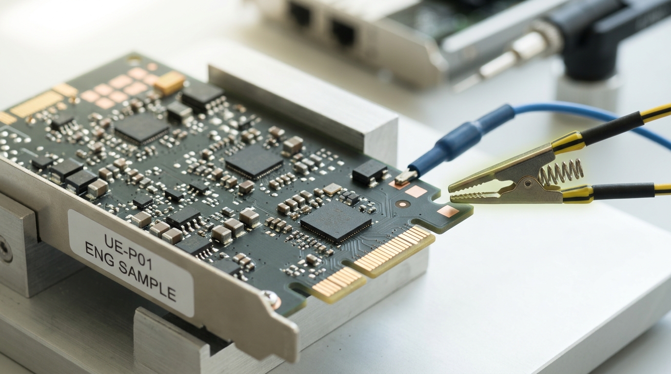 An Ultra Ethernet prototype card with an engineering-sample sticker on a bring-up fixture, a spring test clip caught just short of touching a bare test pad on the board