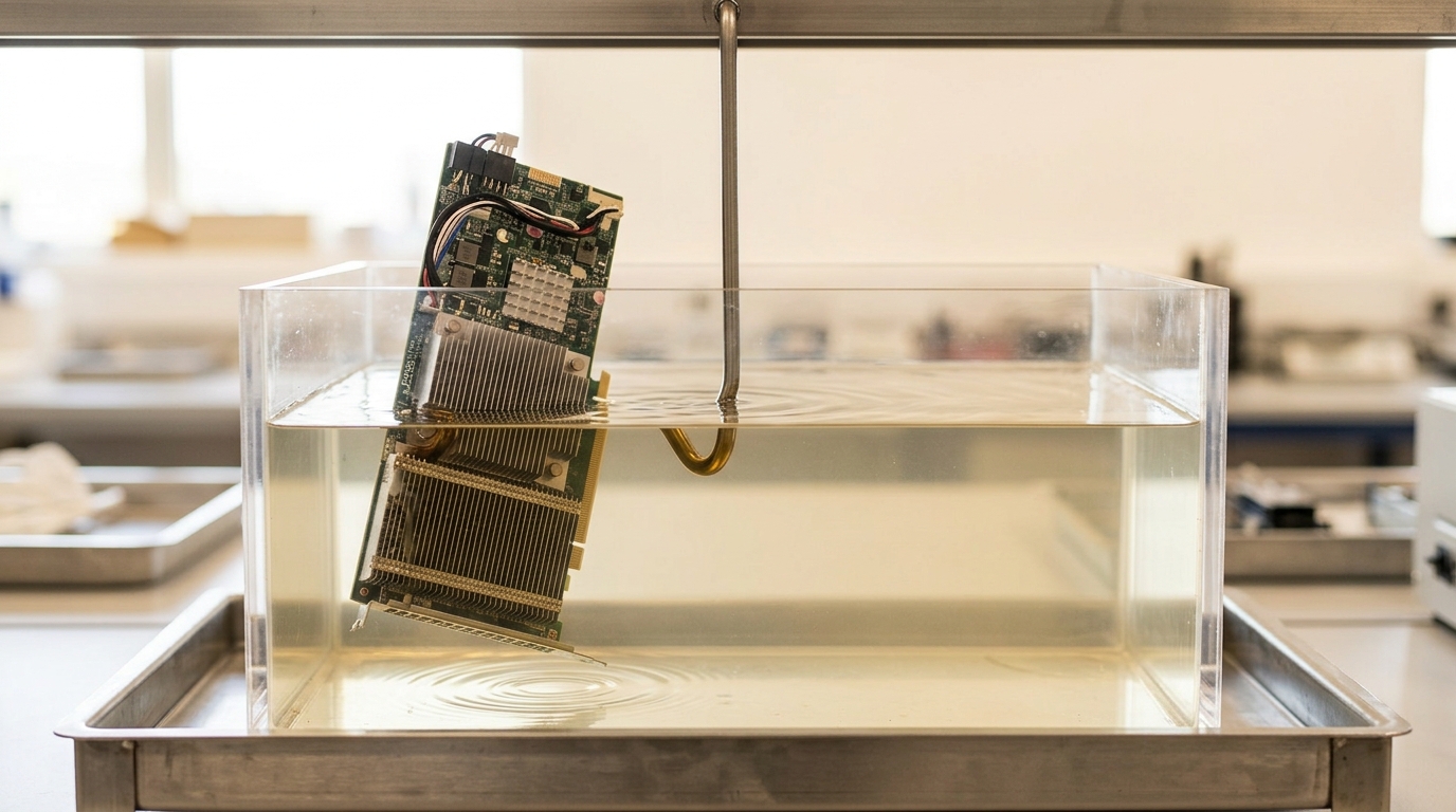 A clear-walled immersion cooling tank on the comparison bench with a server blade caught partway into the dielectric fluid on its lifting bail