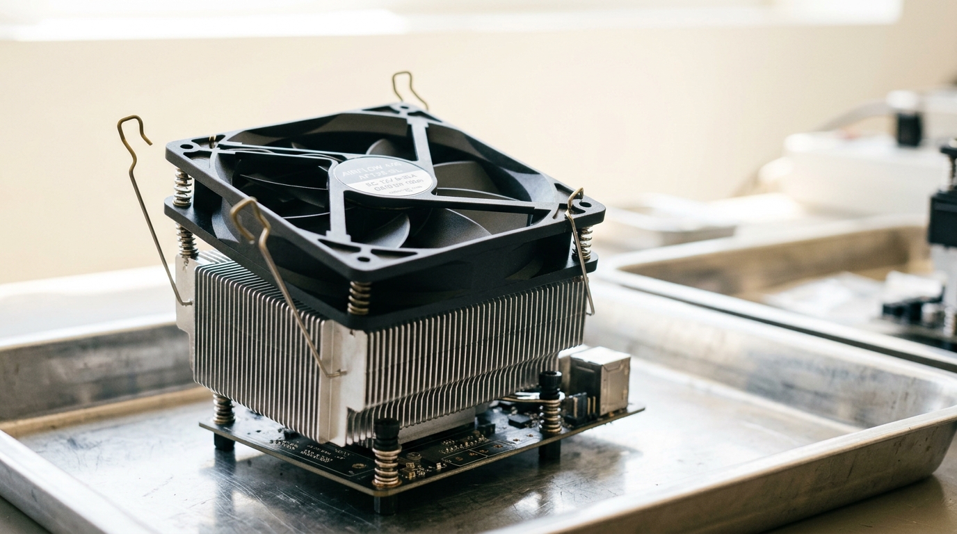 A finned aluminium heat sink and frame fan on the comparison bench with the fan caught part-seated in its plastic shroud