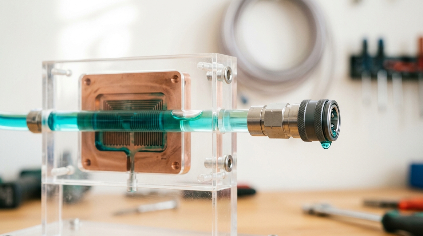 A machined copper cold-plate module on the comparison bench with one bronze quick-disconnect coolant fitting caught mid-connection