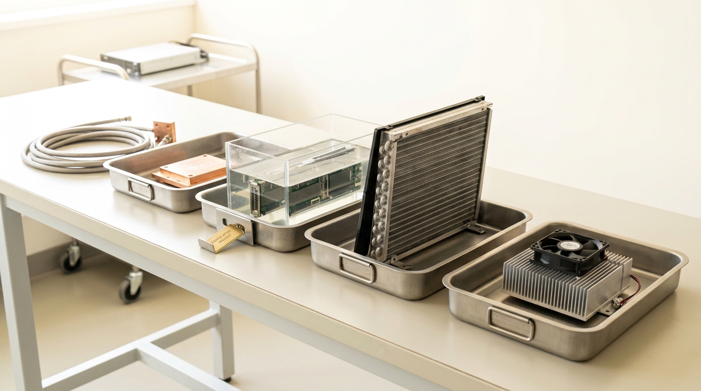 A cooling-technology comparison bench with four sample trays laid out in a row, one engraved brass tag caught mid-slide into its holder and not yet seated