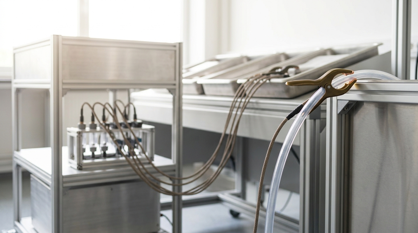 A mobile instrumentation cart beside the comparison bench with flow and power meters wired to the sample trays, one bronze-handled probe clamp caught mid-attachment