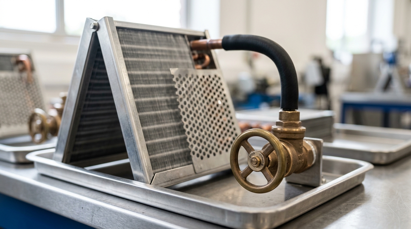 A rear-door heat exchanger panel propped on the comparison bench with its aluminium fin core exposed and a bronze supply valve handle caught mid-turn