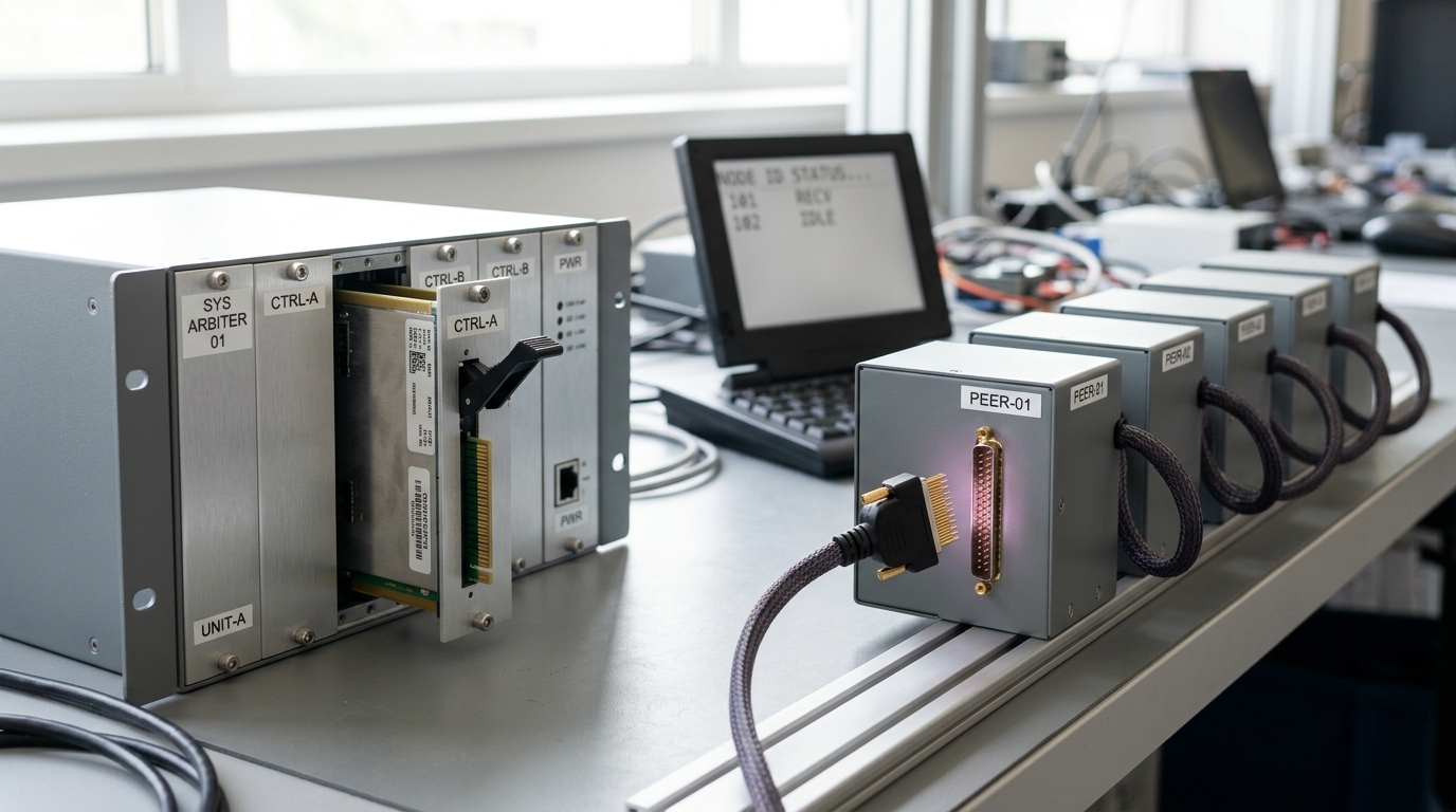A single controller module's ejector lever caught half-out of a compact arbitration chassis beside a row of smaller peer-node chassis linked by a looping bus cable, one peer's uplink connector not yet seated