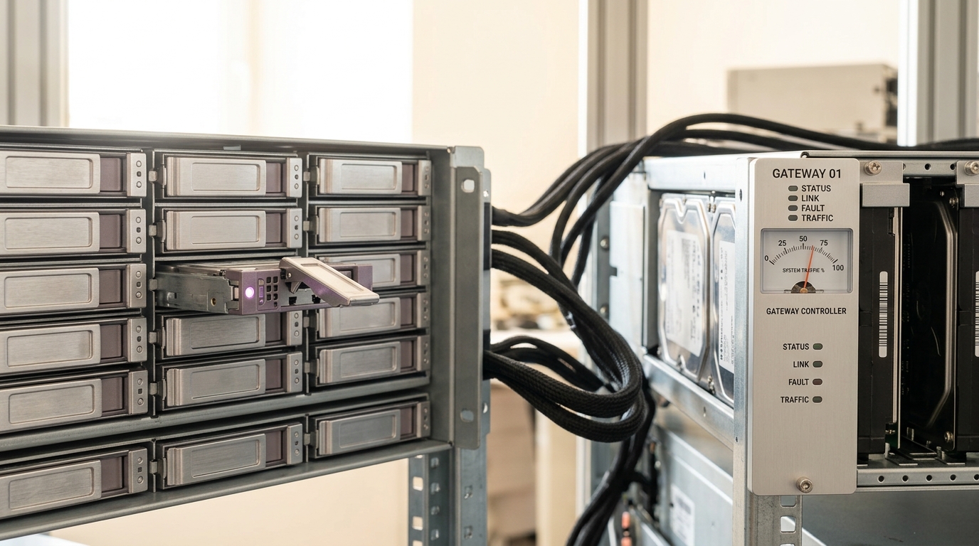 An open distributed-filesystem storage node with a dense array of small drive caddies, one caddy half-seated with its latch open, beside an object-storage appliance with fewer larger drives behind a gateway controller card