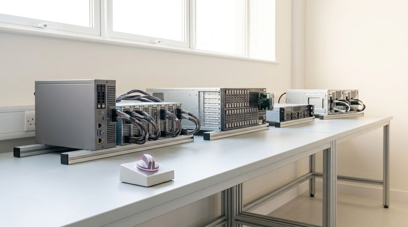 A wide systems test bench in bright daylight with a scheduler console pair, a paired storage node and appliance, and a checkpoint harness receding in a row, a rotary selector switch caught mid-turn between two console inputs