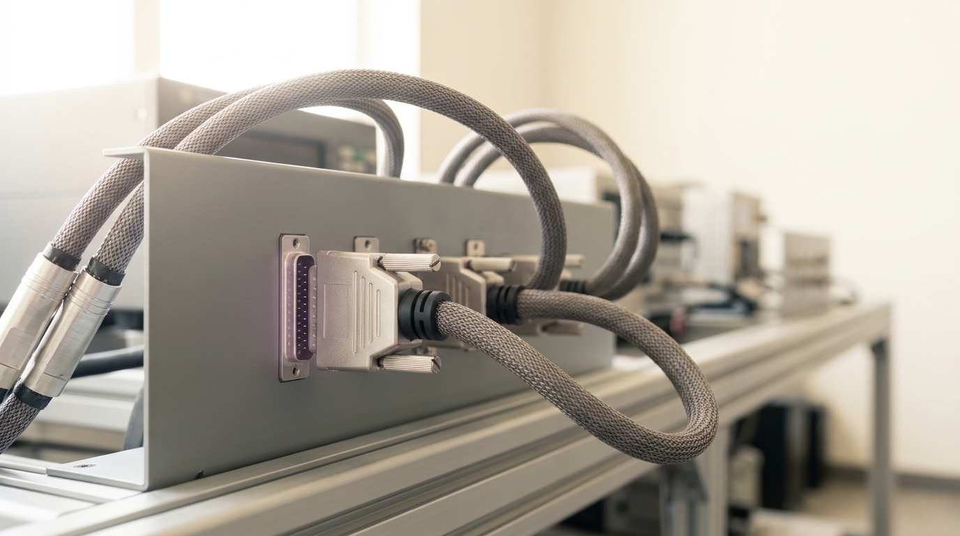 A shared instrumentation panel where cable trunks from a scheduler console, a storage rig, and a checkpoint harness converge, one multi-pin trunk connector caught mid-insertion with its collar not yet seated
