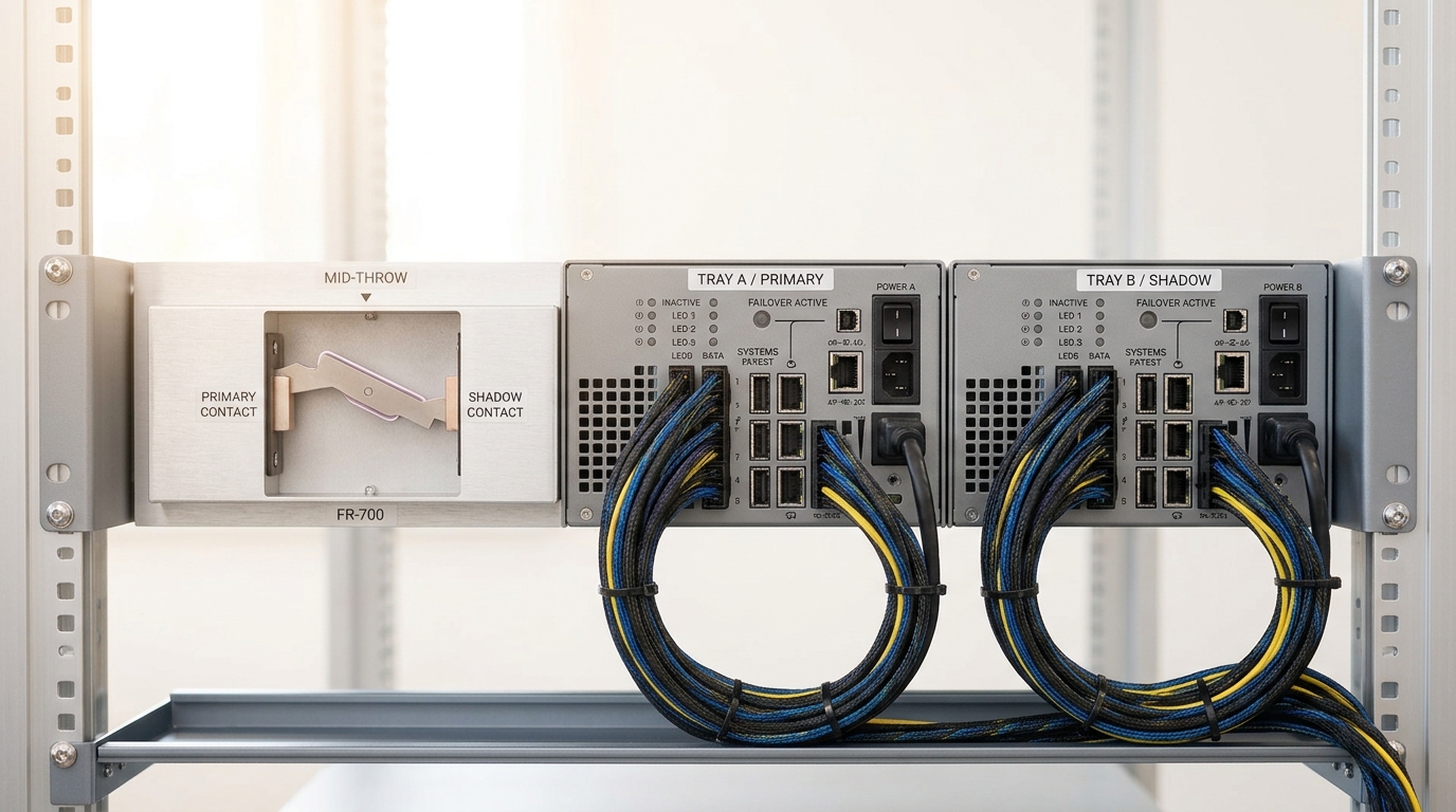 Two identically wired compute trays with a failover relay box between them, its switch blade caught mid-throw from the primary contact toward the shadow tray's contact