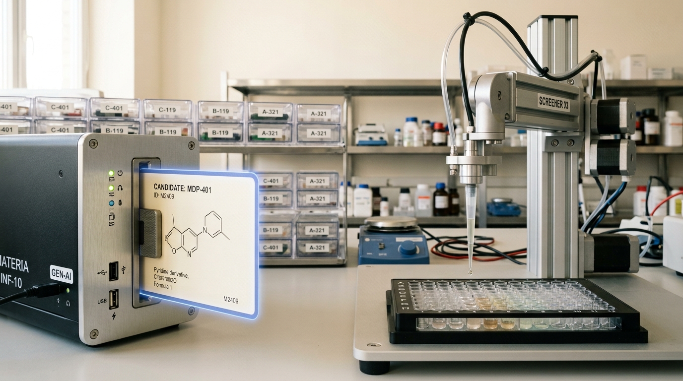 A generative candidate-search terminal ejecting a crystal-structure readout card beside a high-throughput robotic screening arm mid-dispense over a well plate