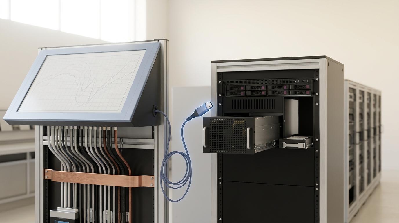 A physics-based weather-simulation console and a neural-network forecasting rack on adjoining benches, a bridging cable caught mid-plug between the two systems
