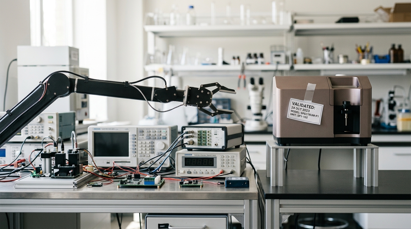 A general-purpose reasoning agent's desk with a robotic arm reaching between several different instruments, beside a narrow specialized model's bench where a single instrument carries a validation tag being affixed