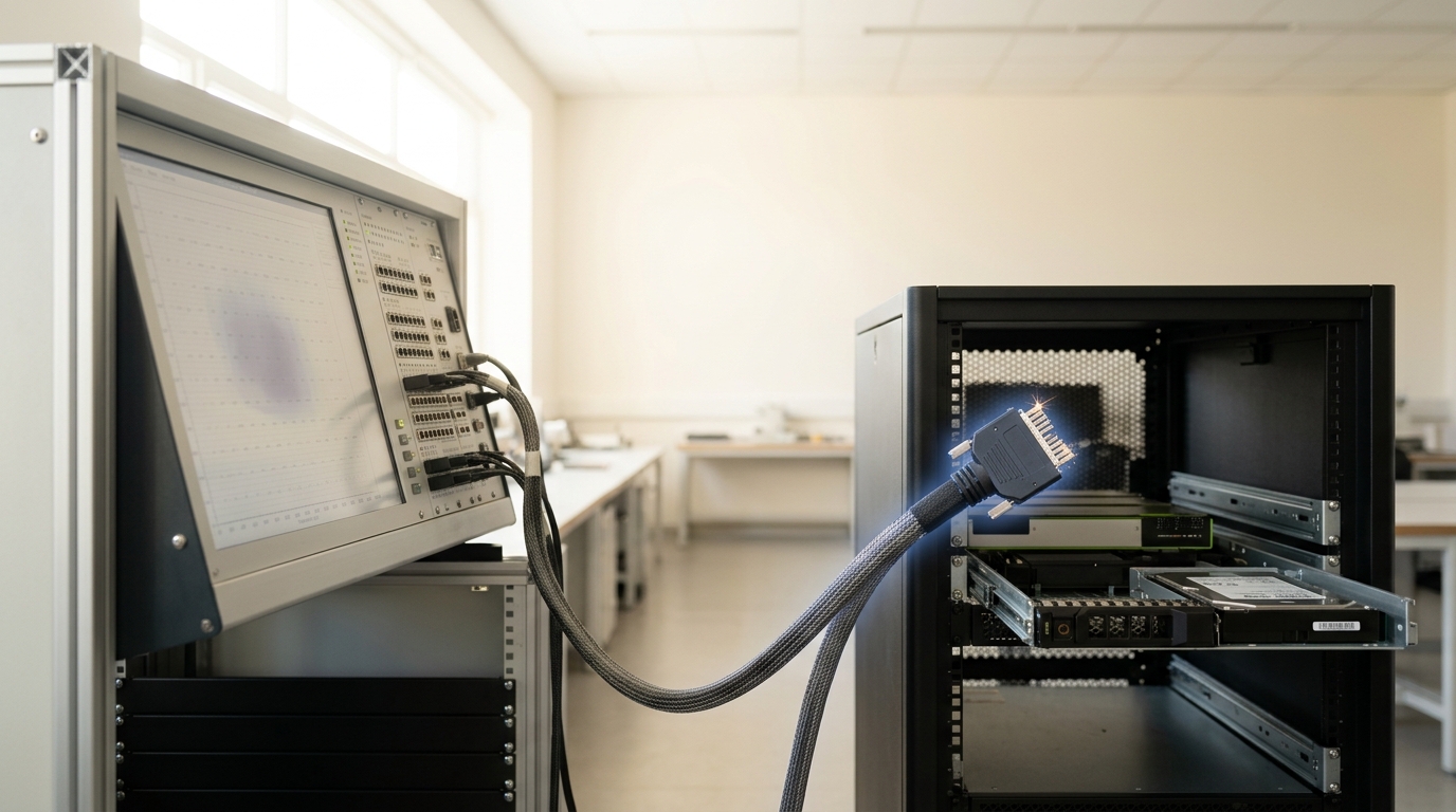 A physics-based numerical-simulation console and a neural-network inference rack standing side by side in a bright lab, a coupling cable caught mid-plug between the two systems