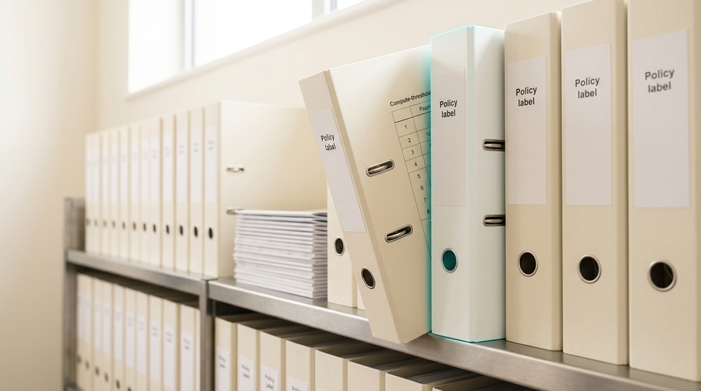 A shelf of ring binders labelled with superseded federal AI policy documents, one binder half slid out of its slot while a taller replacement binder is caught half slid in beside it, neither yet seated
