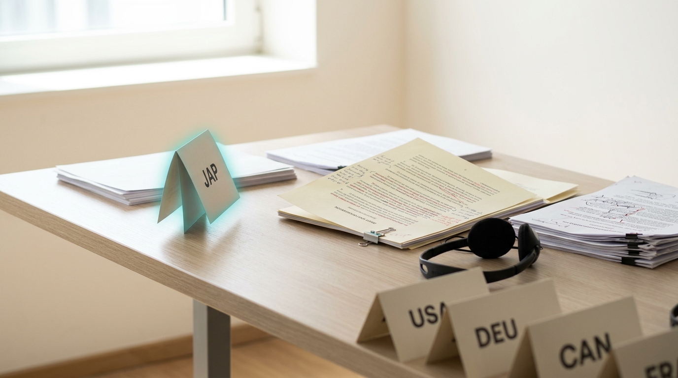 A summit secretariat's preparatory desk with a draft joint declaration marked with redline edits, a row of small folded delegation place-cards along the table edge, one card caught mid-turn face up