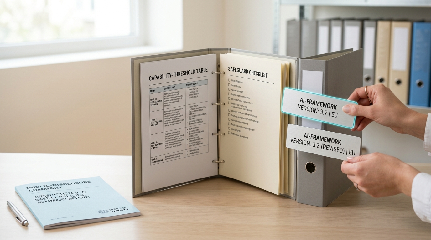 A shelf of frontier-lab safety-framework ring binders, one pulled forward and open to a threshold page where a small version plate on the spine is caught half-lifted, a newer plate not yet seated beneath it