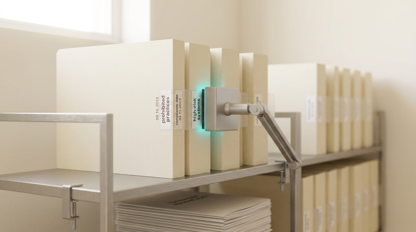 A lateral row of four EU risk-tier case files on an office shelf, a date-stamp block caught mid-press against the high-risk folder's compliance-date label, the impression only half-transferred