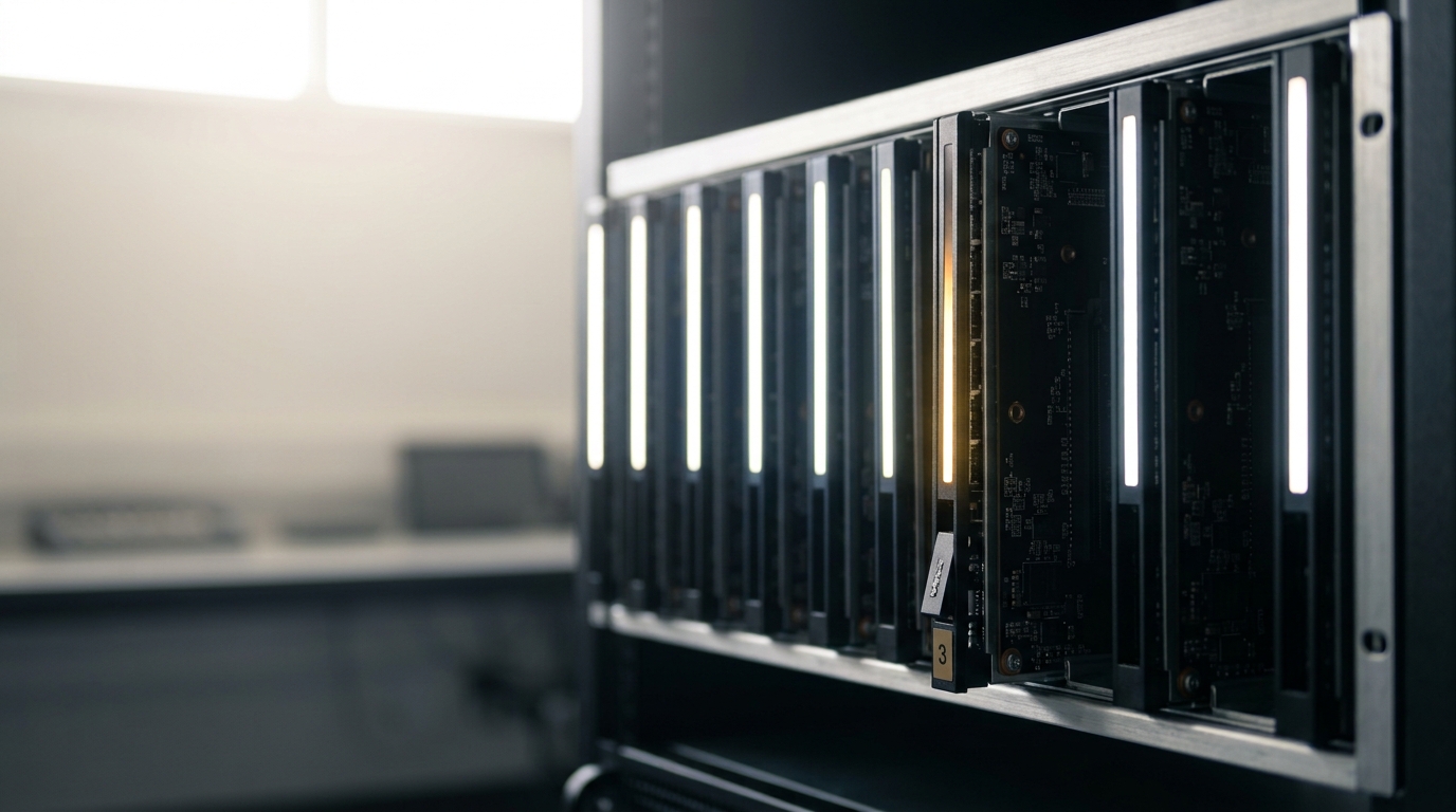 A row of slim compute nodes at a spot-capacity monitoring station with one node's indicator strip caught mid-fade as its capacity is reclaimed, its rail latch already released
