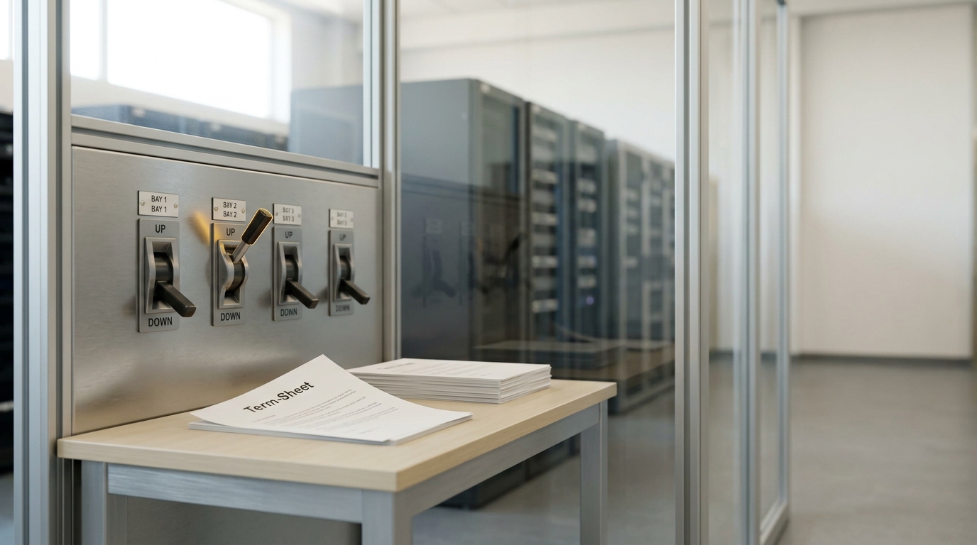 A capacity-allocation panel behind a procurement desk with one breaker lever caught mid-throw toward a reserved bay, a term-sheet document left with a lifted corner on the desk in front of it
