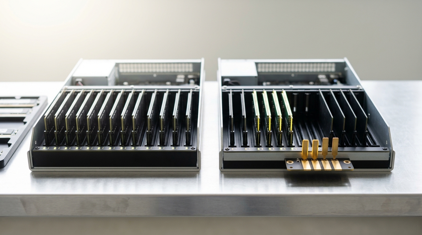 Two open accelerator chassis on a serving bench, one with every memory module bay lit and active, the other with a small routing board's contact fingers caught mid-closure onto only four of its bays