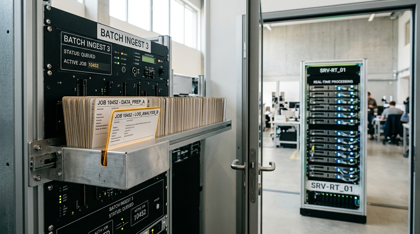 A physical job-card rail feeding batch tickets into a rack's intake slot, one card caught half fed in while the rest wait queued behind it, a real-time serving rack visible active through a doorway beyond