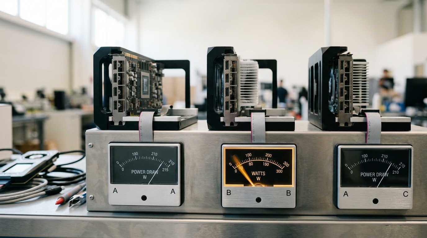 Three identical accelerator cards wired to analogue power gauges on a precision test bench, the middle gauge's needle caught mid-swing dropping to a lower reading as its card runs a lower numeric precision