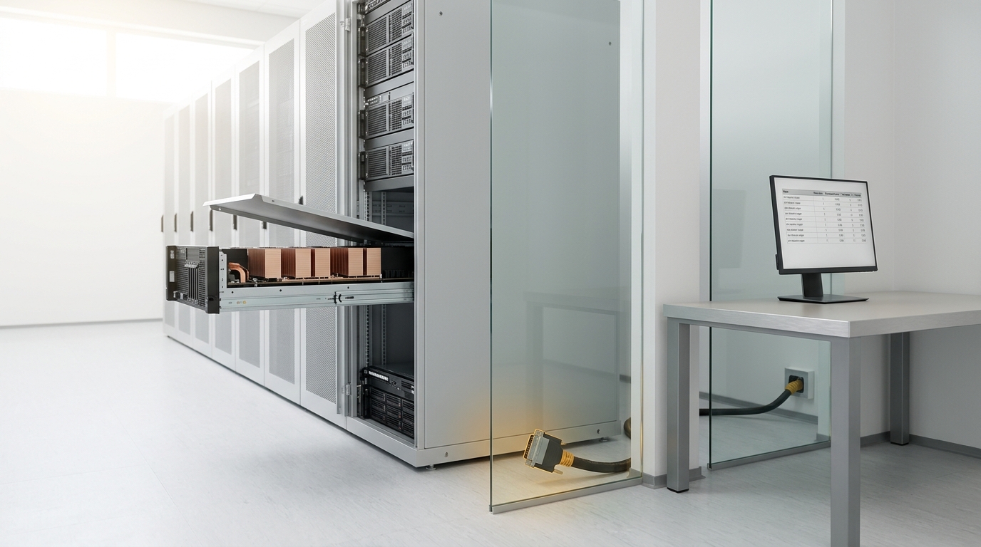 A colocation cage of owned GPU racks standing beside a glass-partitioned API-gateway monitoring nook under one roof, a heavy trunk cable caught part-seated in a wall box at the base of the glass