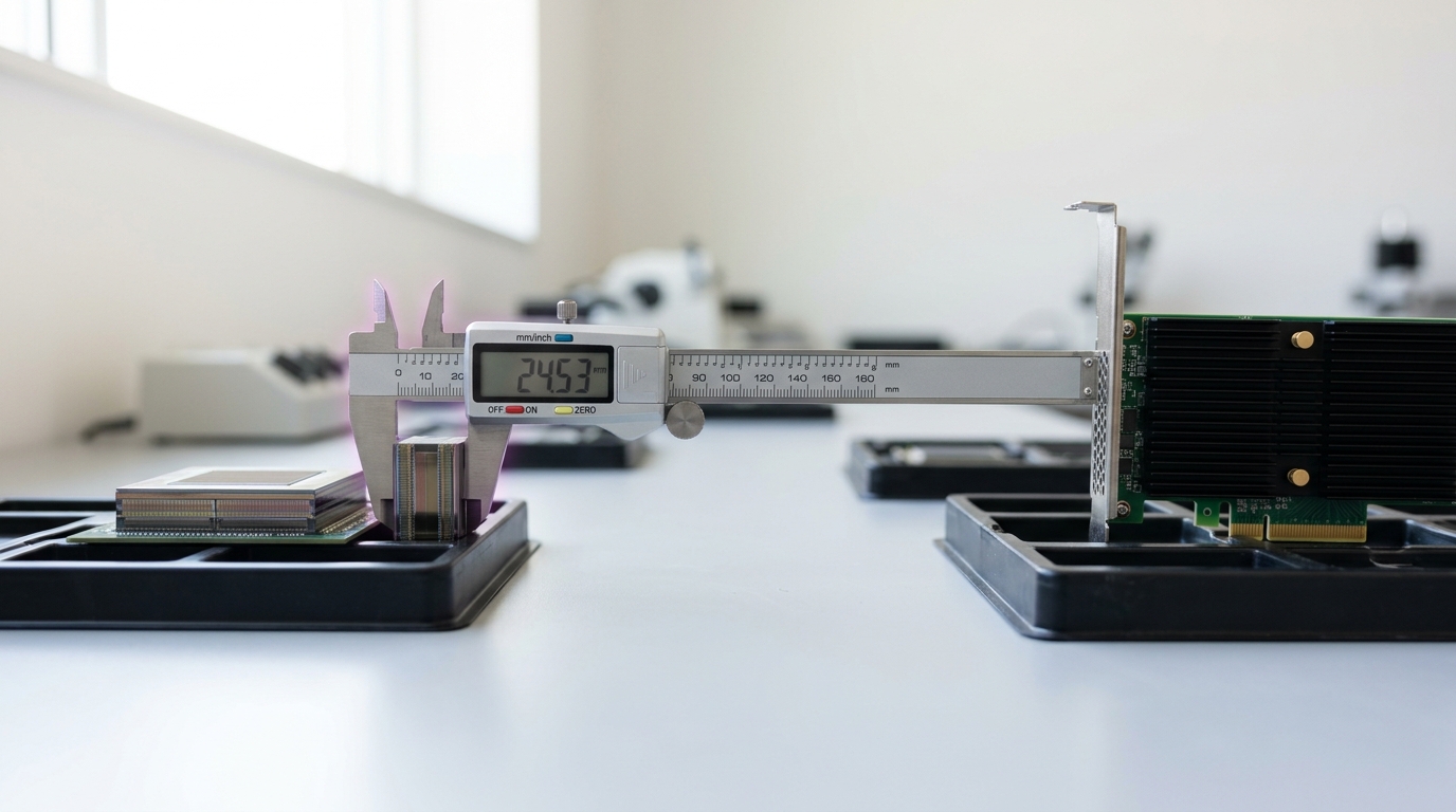 A pair of digital calipers laid across the gap between two trays, one jaw resting on the HBM stack and the other reaching toward the CXL card, mid-measurement with neither jaw yet closed