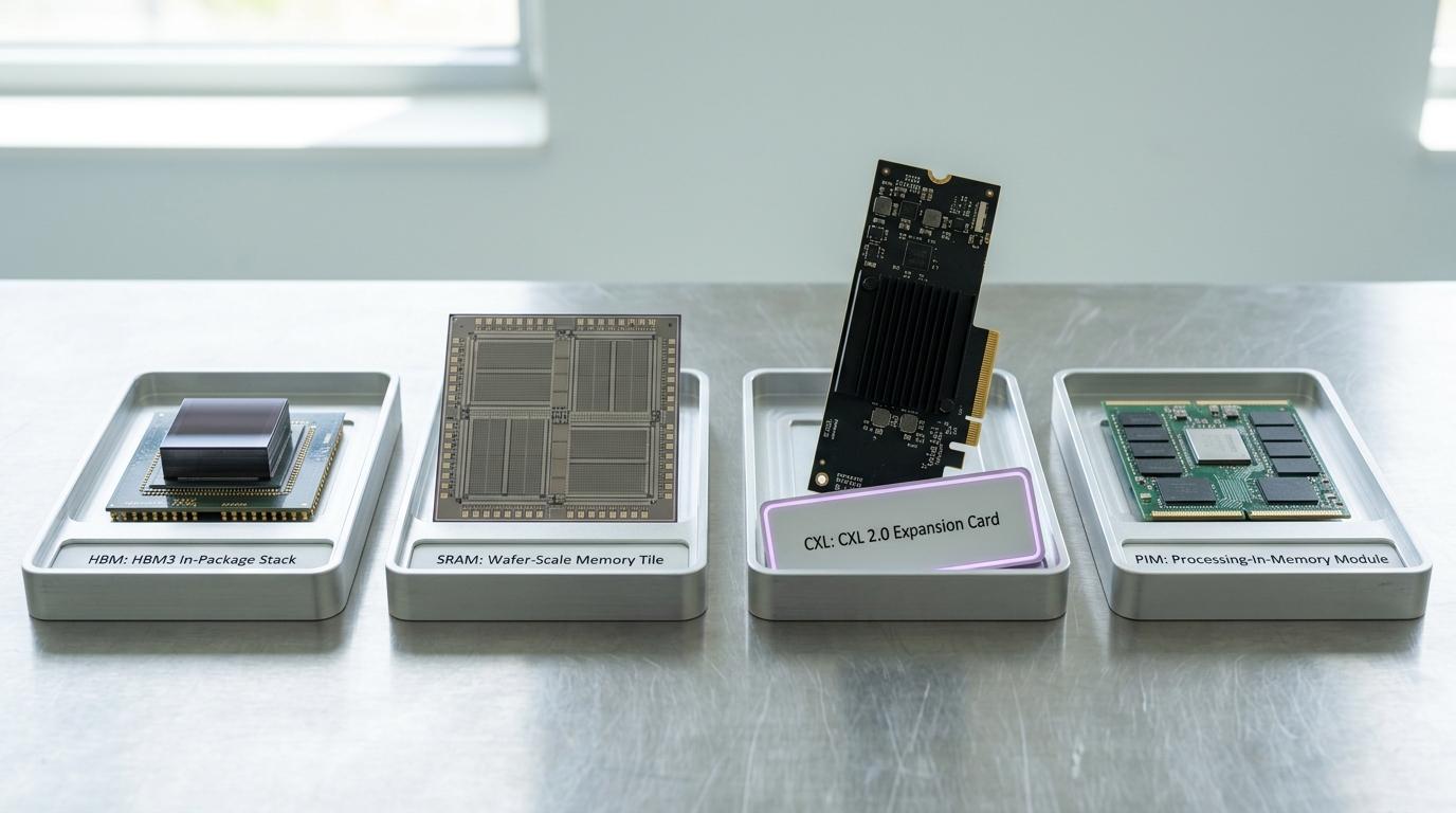 Four labelled trays on a bright lab bench holding an HBM stack, an SRAM wafer-scale sample, a CXL expansion card and a processing-in-memory module side by side, with one tray's label card caught mid-slide into its holder