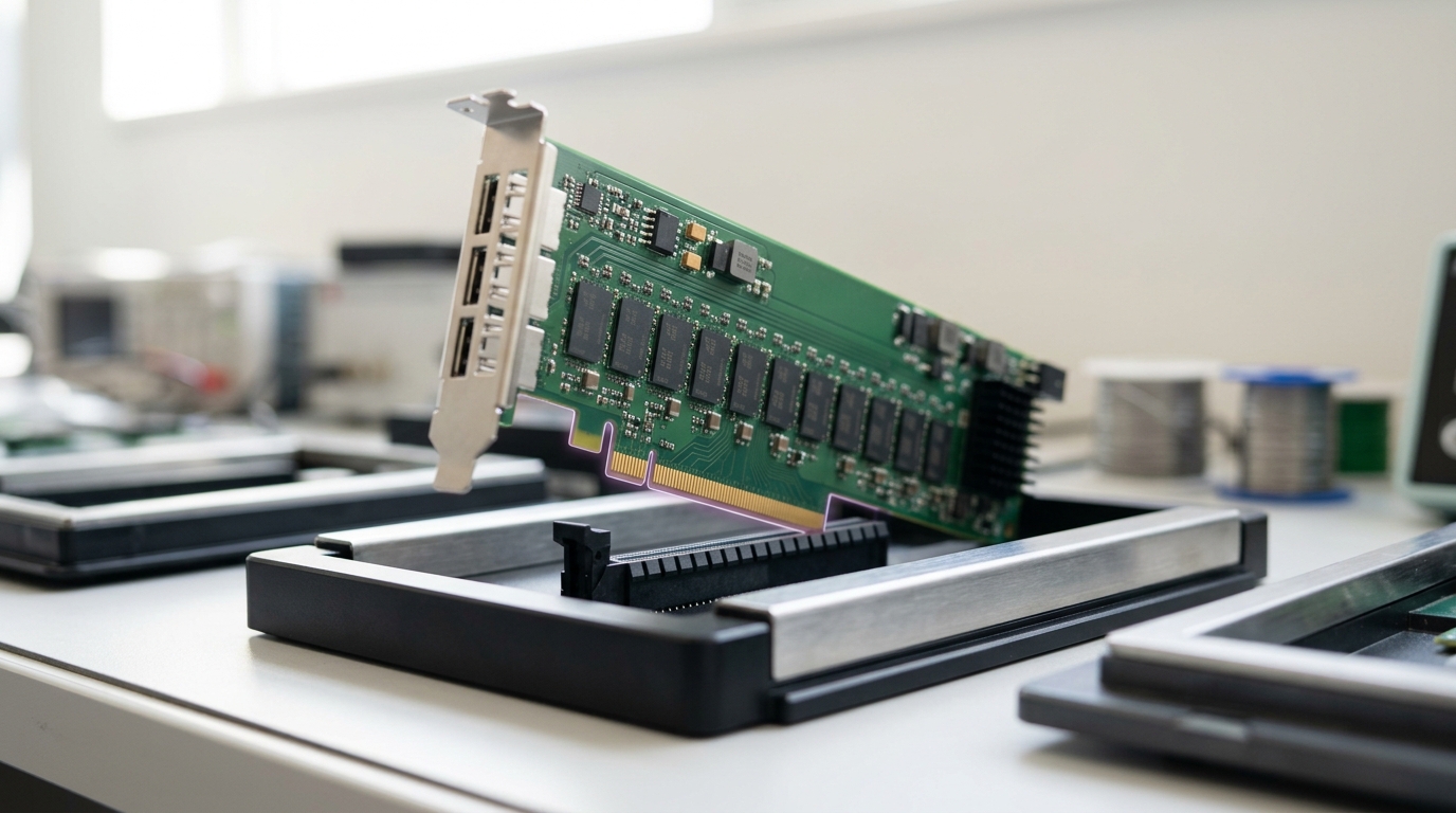 A CXL memory expansion card standing propped at an angle in its tray with its edge connector caught just short of a test riser slot, DRAM modules visible along the card