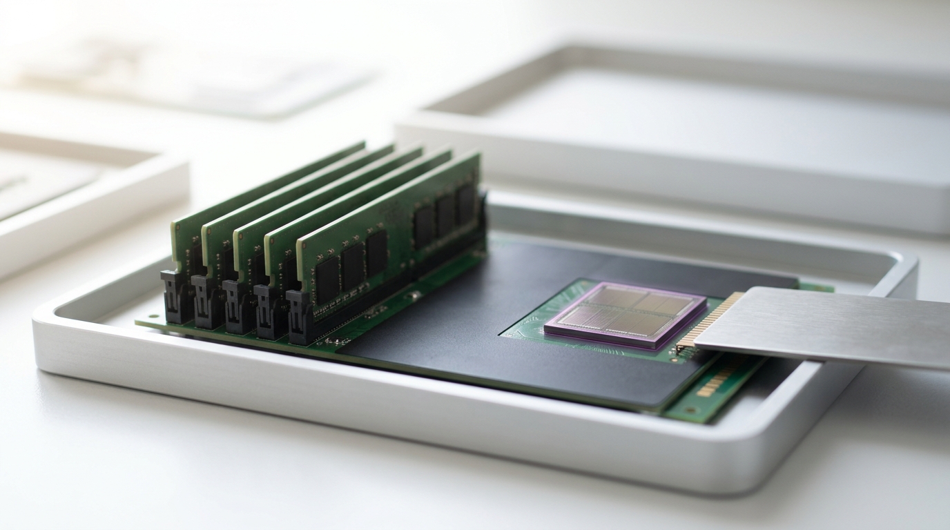 A processing-in-memory prototype module in its tray with a small logic-layer die exposed beside its memory banks, a probe card resting nearby but not touching it