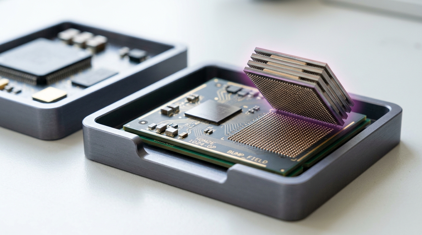 A close view of an HBM in-package stack on its silicon interposer lifted a few millimetres clear of its tray, the dense field of micro-bump connections on the interposer visible beneath it