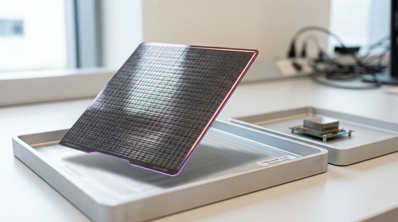 A large square silicon wafer-scale sample tile standing propped in its tray next to a small HBM stack for scale, its regular grid of compute-and-SRAM tiles catching the light