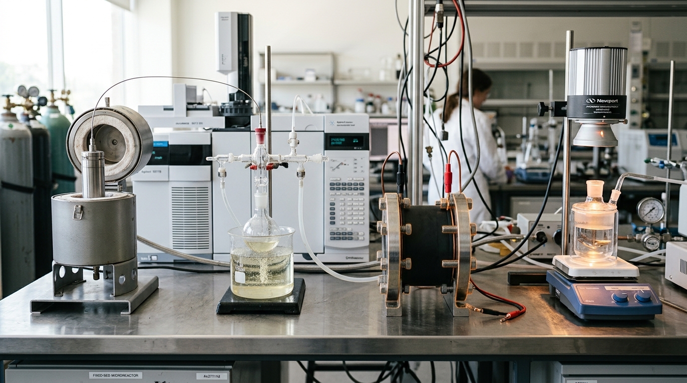 Four different catalysis reactor rigs on one long steel bench, a fixed-bed furnace, a glass Schlenk flask, an electrochemical flow cell and a photoreactor slurry cell, with the electrochemical cell's gasket still being drawn closed