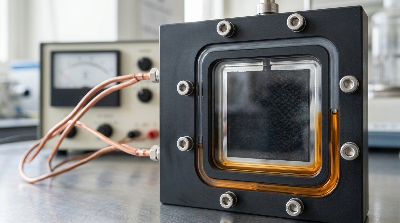A machined PTFE electrochemical flow cell with a gas-diffusion electrode visible through its window, a thin bead of electrolyte still creeping along the gasket channel toward a corner that is not yet wet