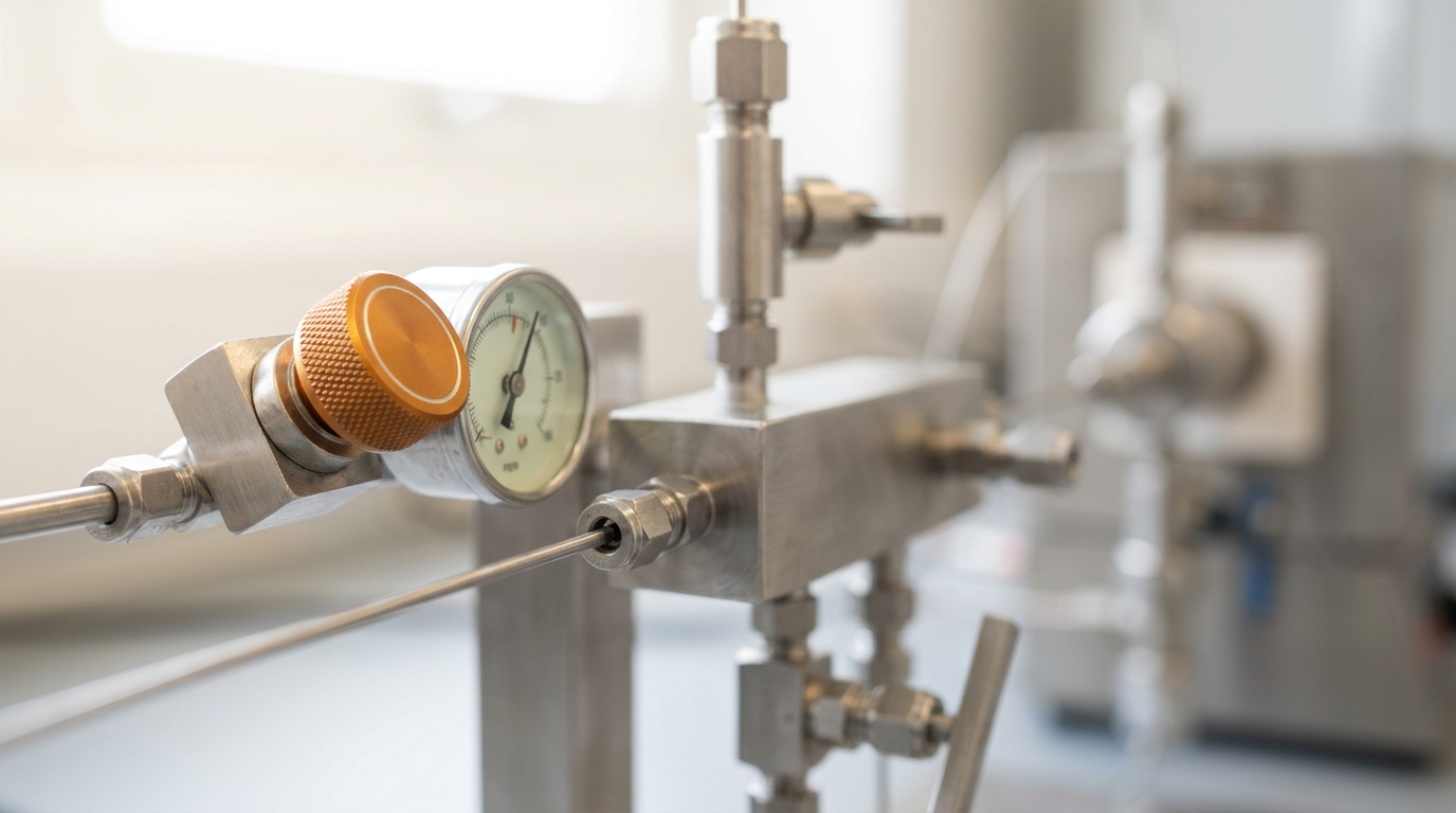 A bench-top mass spectrometer inlet with a capillary sample line just connected from the fixed-bed reactor, the needle valve still being turned to its working setting