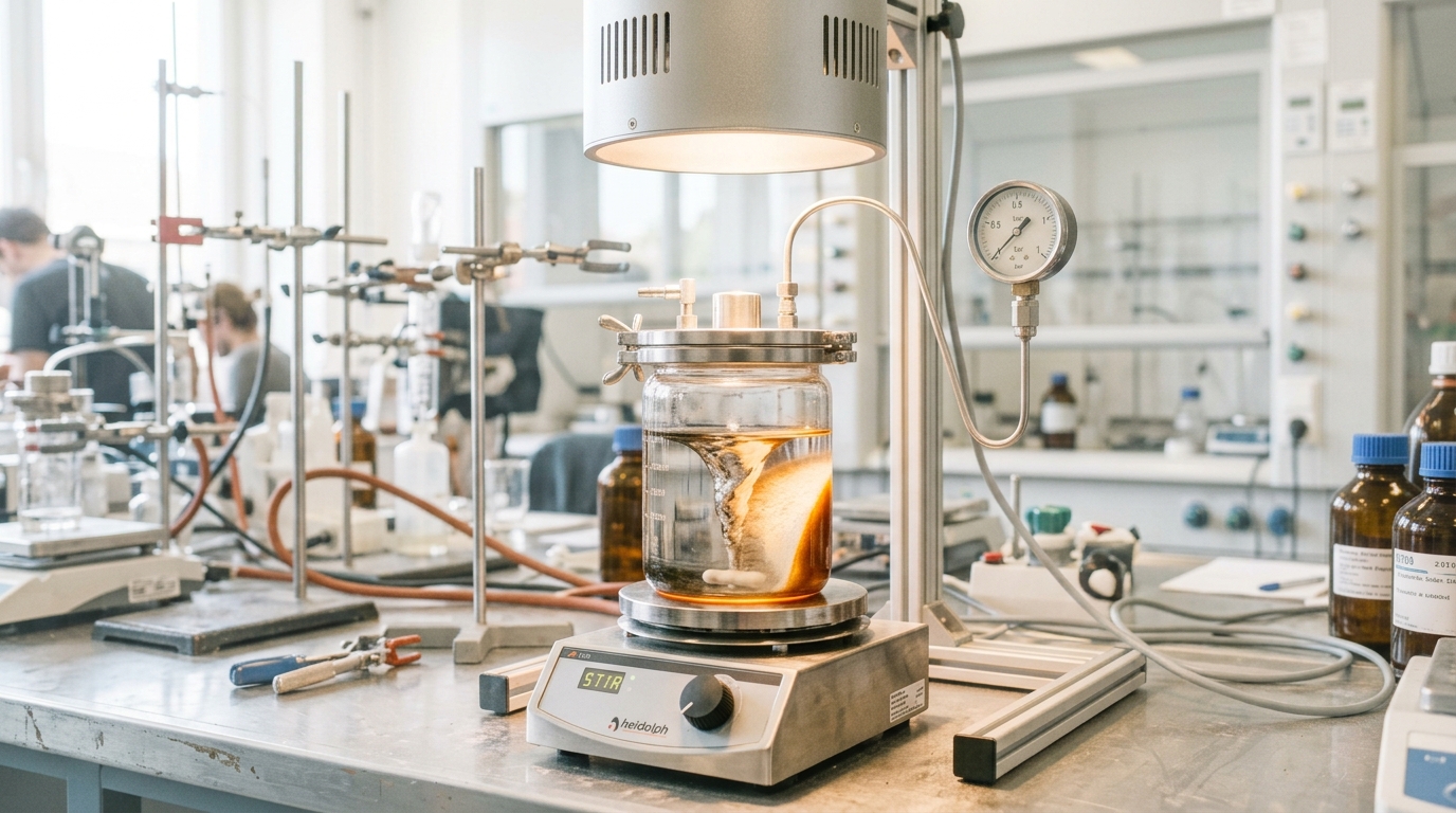A quartz slurry photoreactor under a solar-simulator lamp, a thin shaft of light just reaching a patch of suspended catalyst powder that has not yet been stirred back into the darker bulk of the liquid