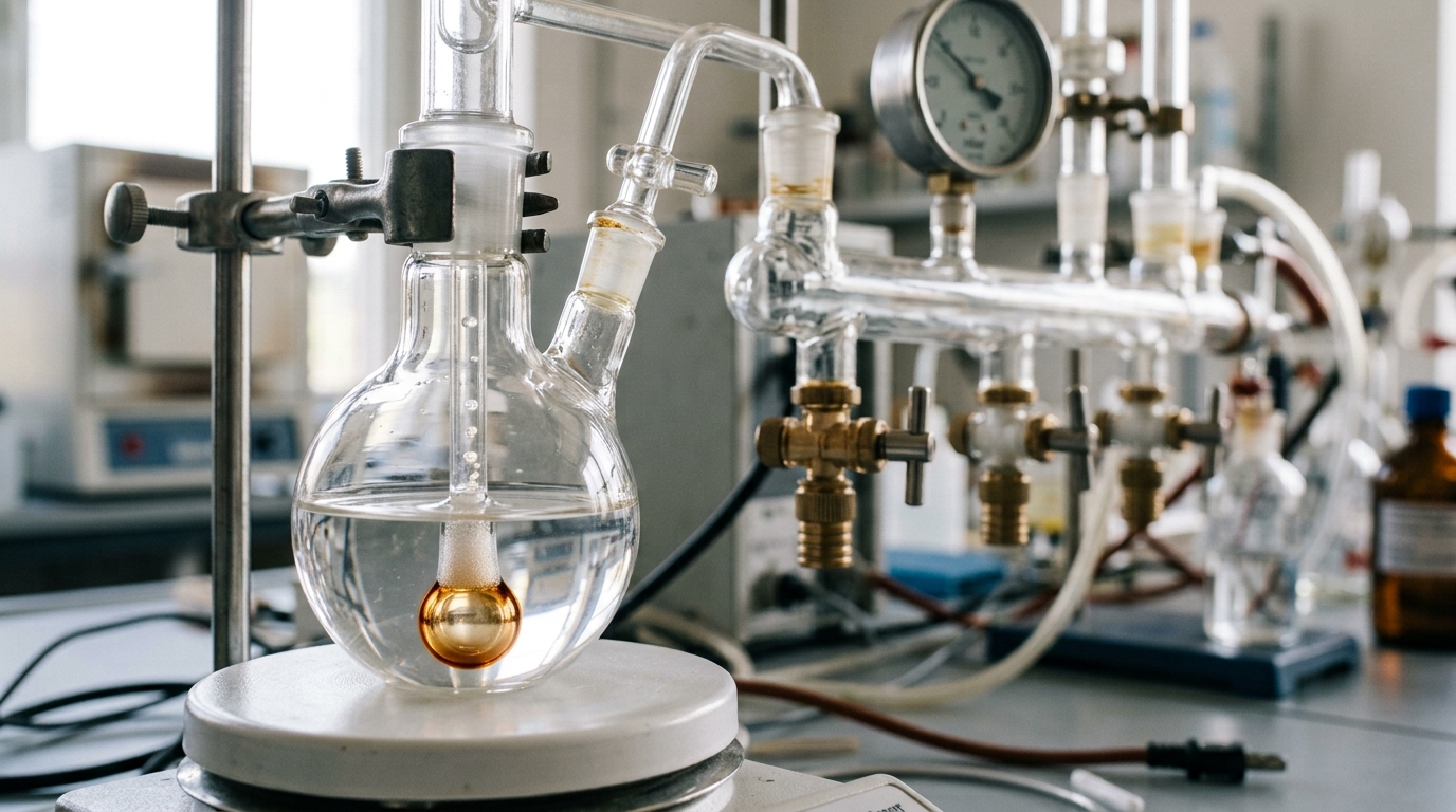 A glass Schlenk line round-bottom flask under a slow stream of inert gas bubbles rising through the solvent, one bubble still detaching at the sinter tip while the ones above it have already reached the surface