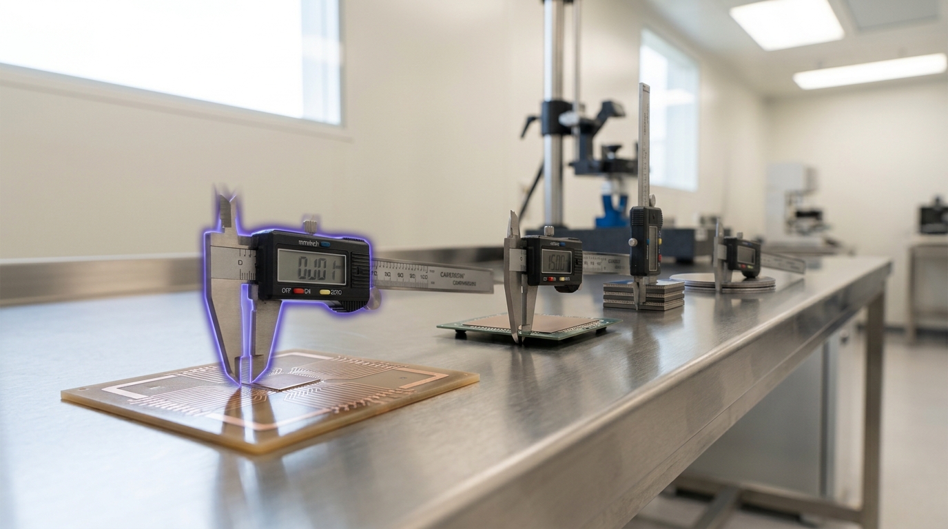 Four small digital calipers laid along the comparison bench, each measuring a different packaging sample's pitch, with the nearest caliper's jaw caught still closing on the fan-out panel's trace pitch