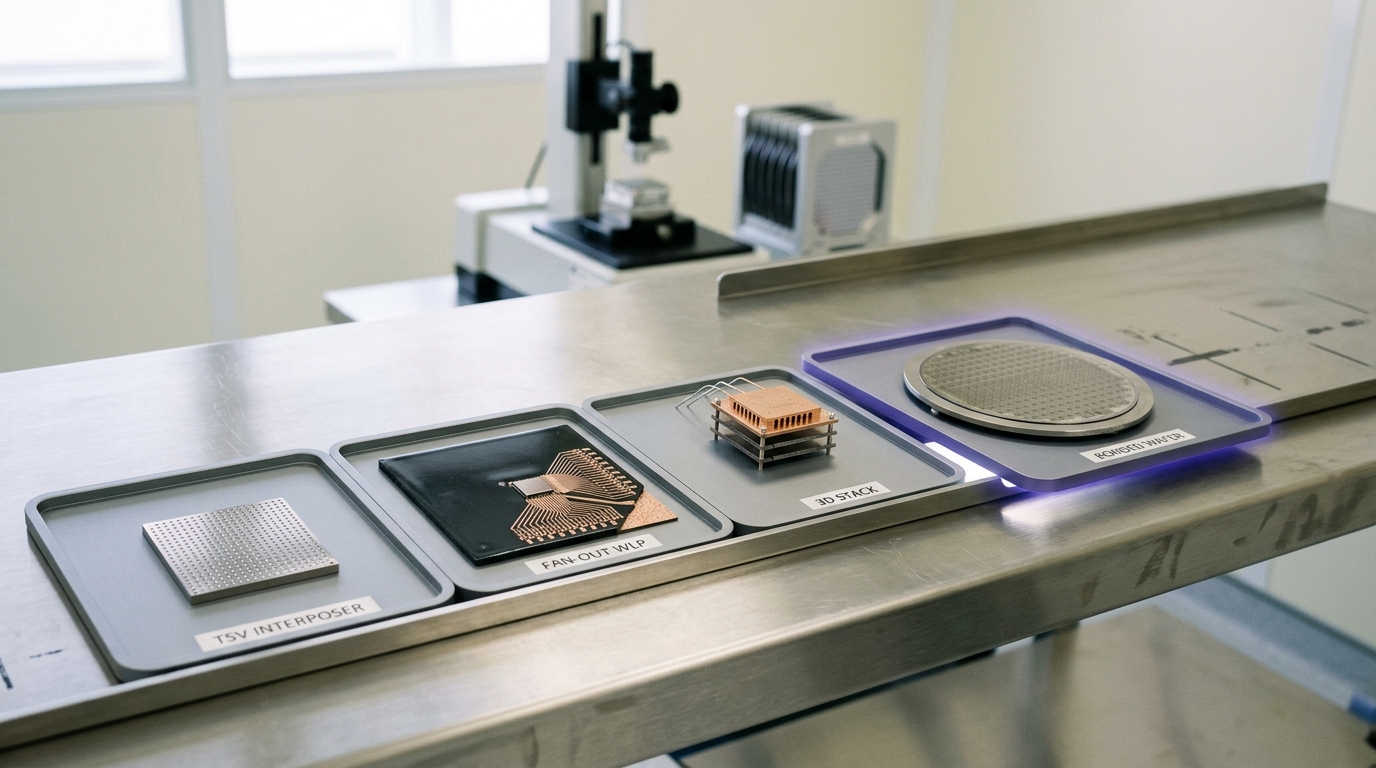 Four packaging samples on a bright cleanroom bench — a silicon interposer, a fan-out reconstituted wafer panel, a stacked die tower, and a bonded wafer pair — with one tray still sliding into its marked slot on the bench
