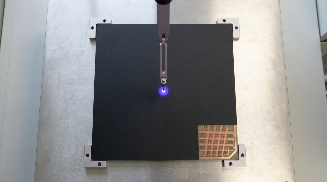 A black-epoxy fan-out reconstituted wafer panel on a flatness-check stage, one corner ground back to expose its copper redistribution traces, with a warpage gauge's contact arm lowering toward the surface and not yet touching