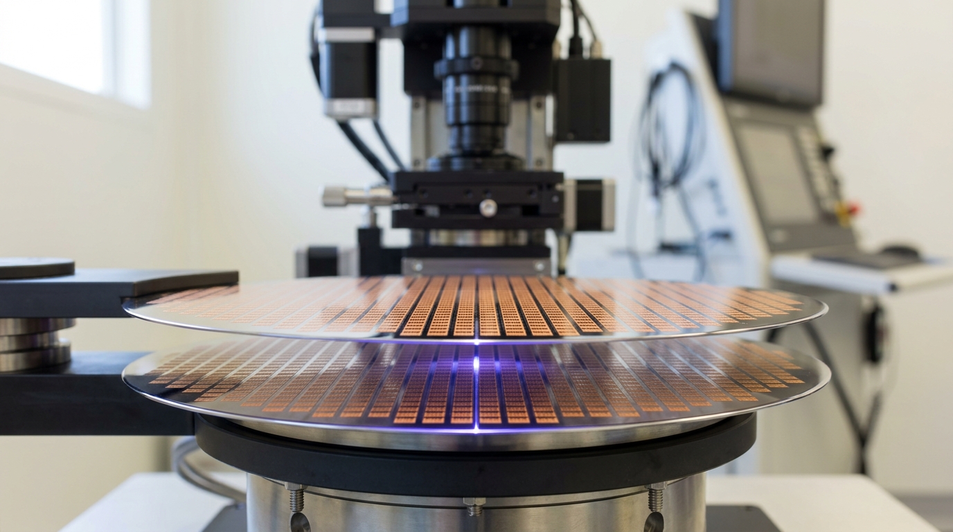 Two mirror-polished wafers held a hair's breadth apart on a bonding aligner's chuck, their copper bonding pads facing each other and not yet in contact, a fine particle-free stage light showing between them
