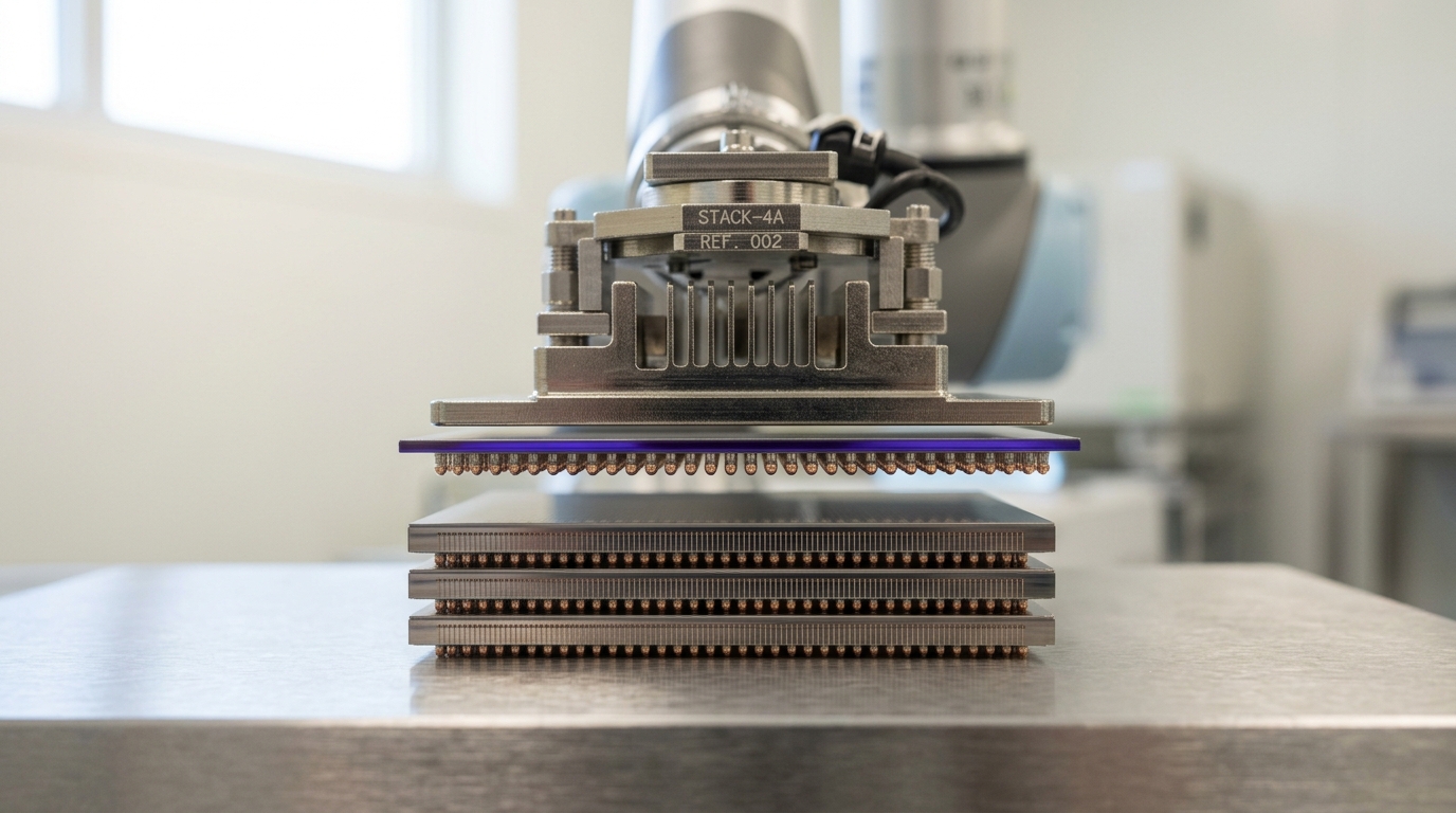 A short vertical stack of thinned dies on a stage beneath a nickel-plated heat-spreader test rig, the topmost die caught a fraction above the stack with its microbump array not yet meeting the tier below