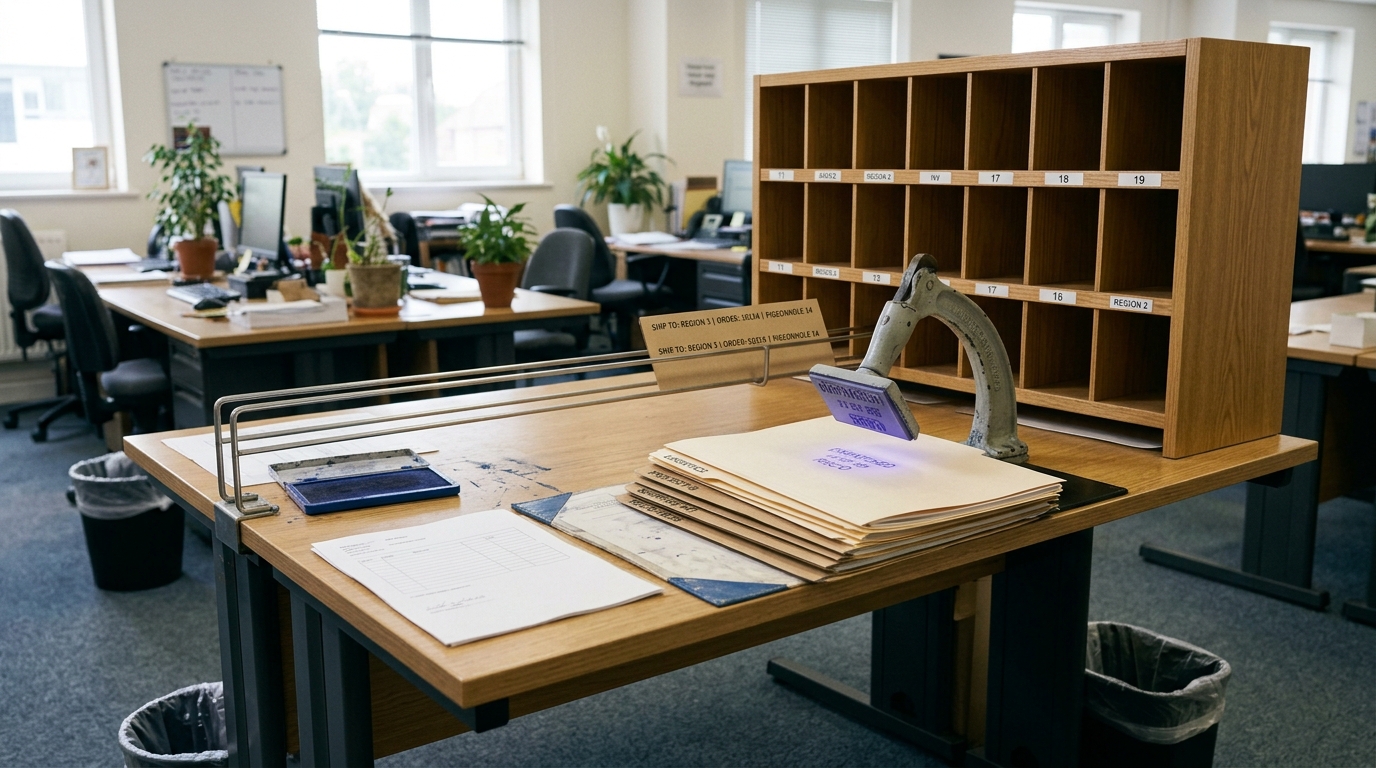 A dispatch desk with routing slips travelling along a small rail toward labelled pigeonholes, and a rubber date-stamp caught descending onto a folder in the foreground just before it reaches the outbox