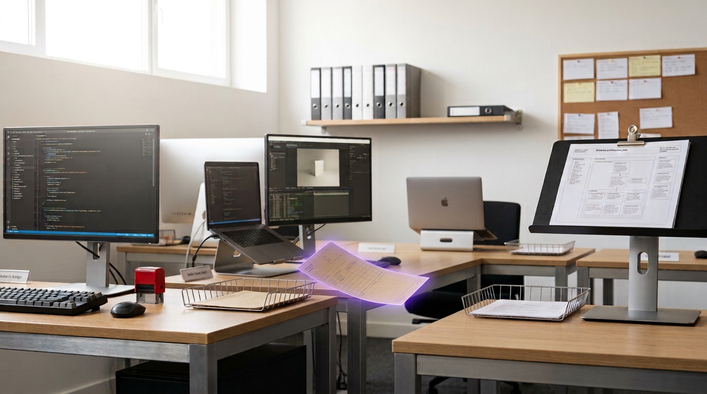 A row of four distinct office desks in bright daylight — a terminal desk, a docked-laptop desk, an unattended laptop desk and a standing plan lectern — with a single kraft routing slip caught mid-slide between two of them