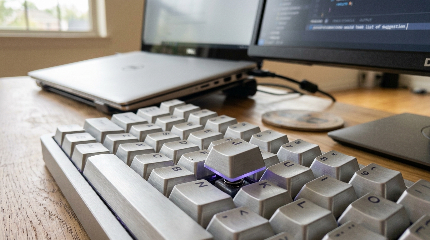 A mechanical keyboard beside a docked laptop, one key still rising back to height on its spring, with an external monitor's faint suggestion text visible out of sharp focus behind it