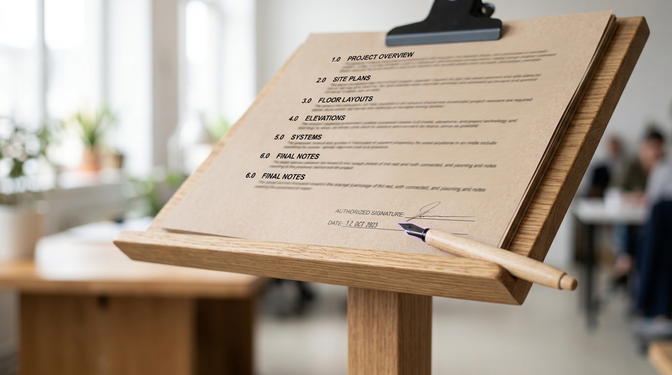 A standing lectern holding a clipped, multi-page printed plan, an unused pen resting beside a signature line it has not yet reached